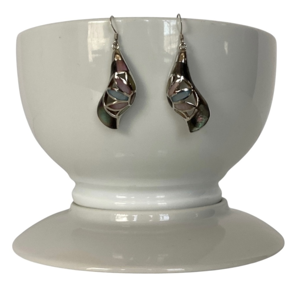 925 Sterling Silver Iridescent MOP Drop Hook Earrings Pink Blue Purple Green EUC - Picture 5 of 14